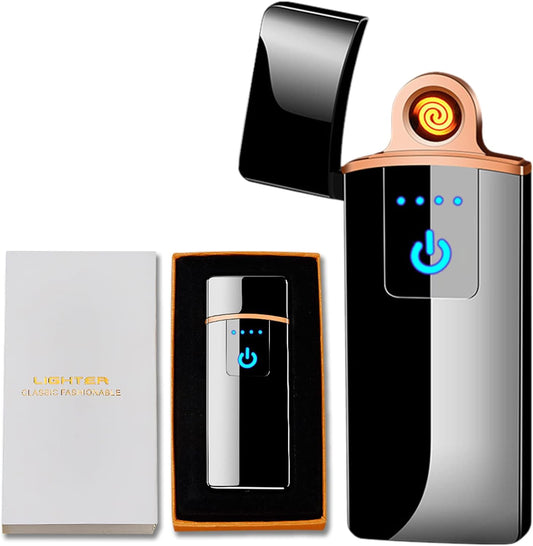 Electronic Lighter, Electric Lighter Windproof USB Rechargeable Slim Coil Lighter with Smart Fingerprint Sensor Double Side Ignition,Creative Power Indicator Flameless Lighter for Gifts(Black)
