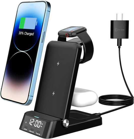 4 in 1 Fast Wireless Charging Station for Apple Devices,Alarm Clock with Wireless Charger LED High-Clear Screen for Iphone 15/14/13/12/11Series Iwatch and Airpods(With 20W Adapter (Black)